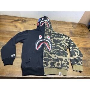 A Bathing Ape Bape Shark Full Zip Black Hoodie Camo Pattern Medium